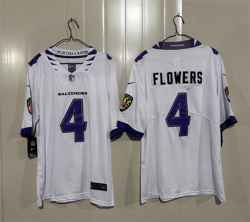 Men's Baltimore Ravens #4 Zay Flowers White 2026 Vapor Stitched Limited Football Jersey